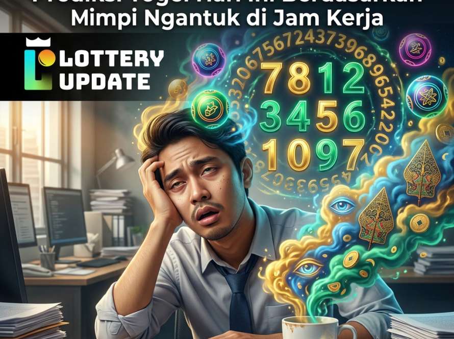 Prediksi Togel Headline text overlay: "Kerja Keras Lewat Jalur Rezeki Gaib: Prediksi Togel Hari Ini Berdasarkan Mimpi Ngantuk di Jam Kerja" Place the provided Lottery Update logo prominently in the top-left corner, clean and crisp, maintaining original colors and proportions. News portal cover design, high CTR thumbnail, balanced typography space, realistic lighting, fantasy-meets-reality concept, trending online article visual, no watermark, no blur, no cropped elements. Negative Prompt: Prediksi